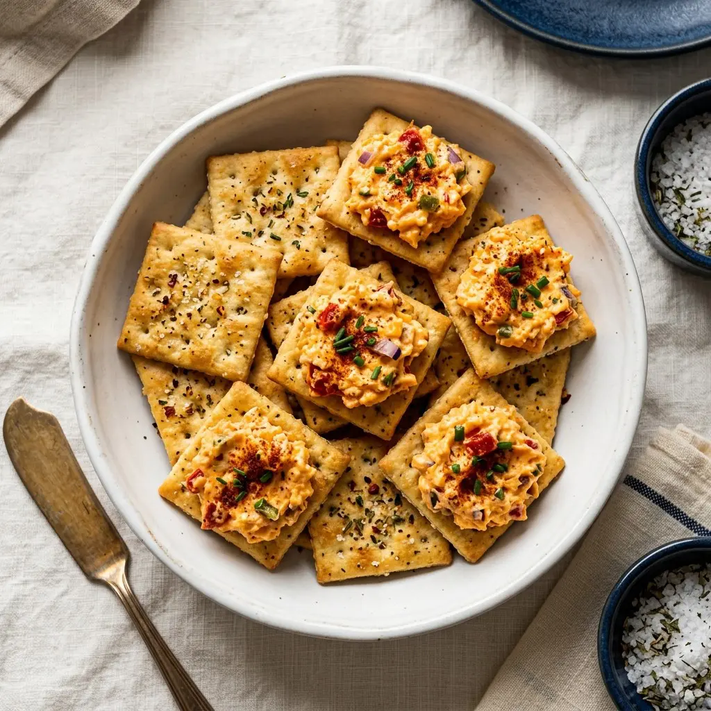 Stunning plated serving of Chili-Spiced Pimento Cheese with Crack Crackers, a chef-tested recipe by Chef Jorj Morgan.