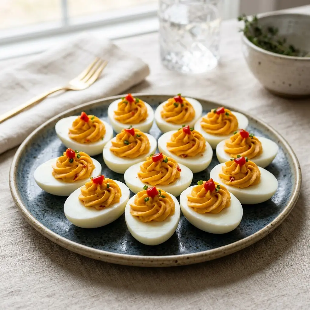 Stunning plated serving of Pimento Cheese Deviled Eggs, a chef-tested recipe by Chef Jorj Morgan.