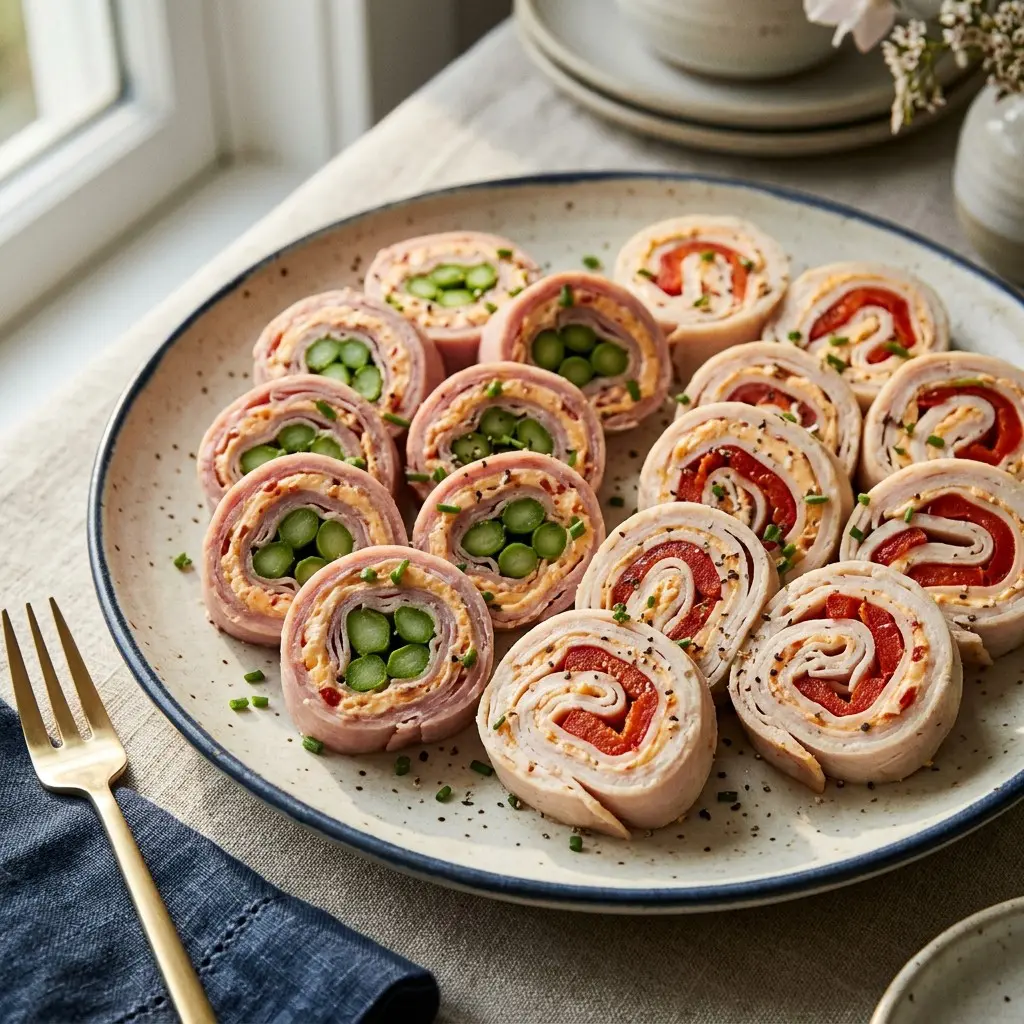 Stunning plated serving of Pimento Cheese Pin Wheels with Turkey, Ham, and Asparagus Spears, a chef-tested recipe by Chef Jorj Morgan.