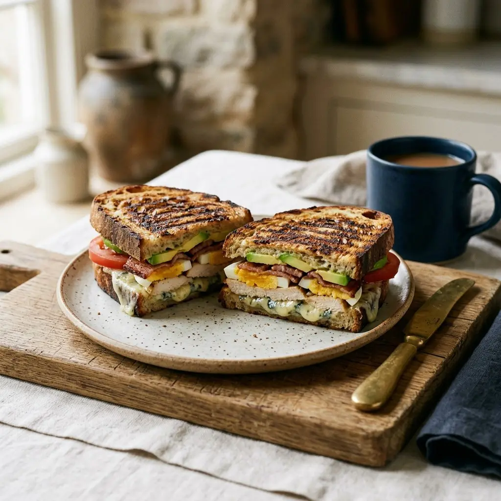 Stunning plated serving of Cobb Panini, a chef-tested recipe by Chef Jorj Morgan.