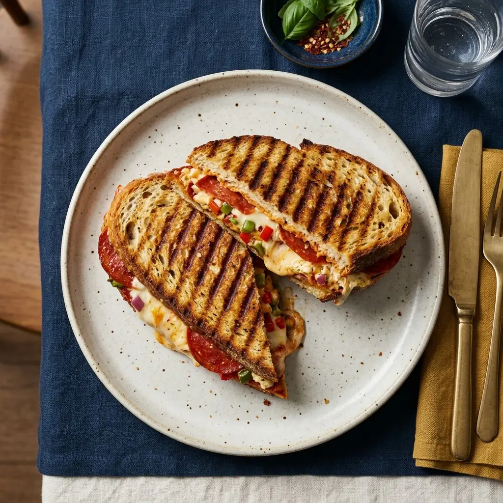 Stunning plated serving of Pepperoni Pizza Panini, a chef-tested recipe by Chef Jorj Morgan.