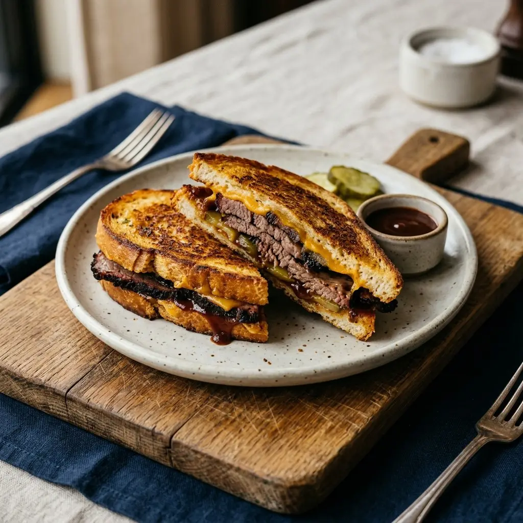 Stunning plated serving of Brisket Panini on Texas Toasts, a chef-tested recipe by Chef Jorj Morgan.