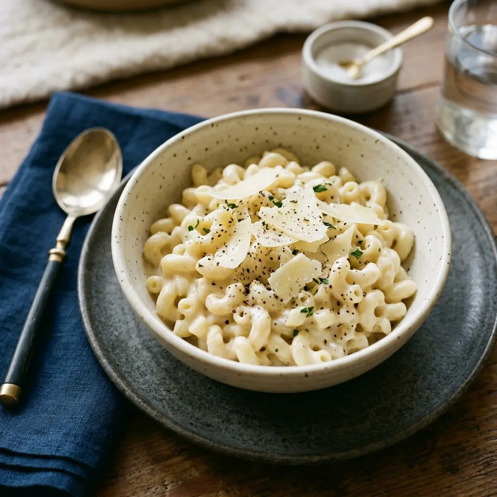 Stunning plated serving of Northern Italian Style Mac and Cheese, a chef-tested recipe by Chef Jorj Morgan.