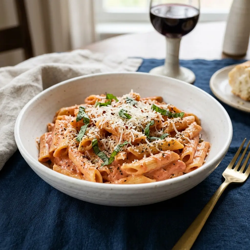 Stunning plated serving of Penne Pasta in Pink Sauce, a chef-tested recipe by Chef Jorj Morgan.