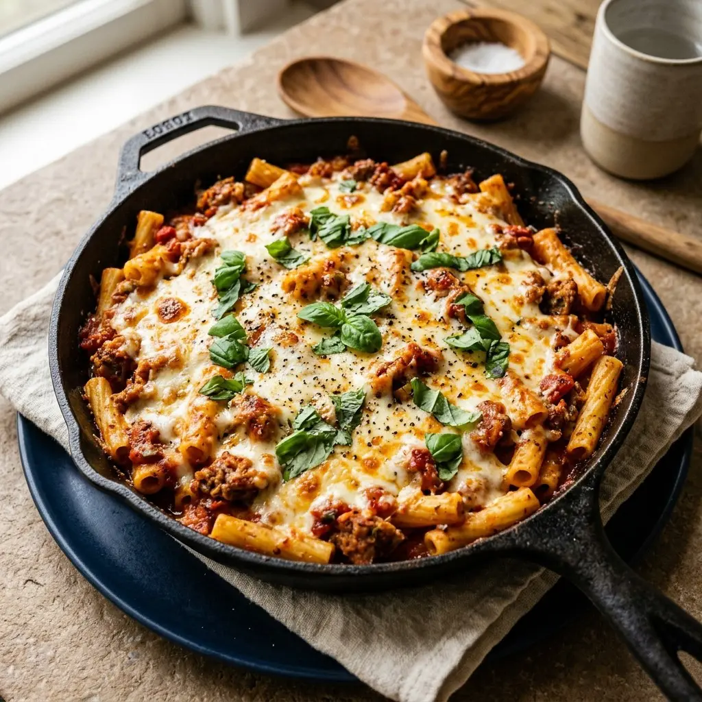 Stunning plated serving of Ziti Skillet, a chef-tested recipe by Chef Jorj Morgan.