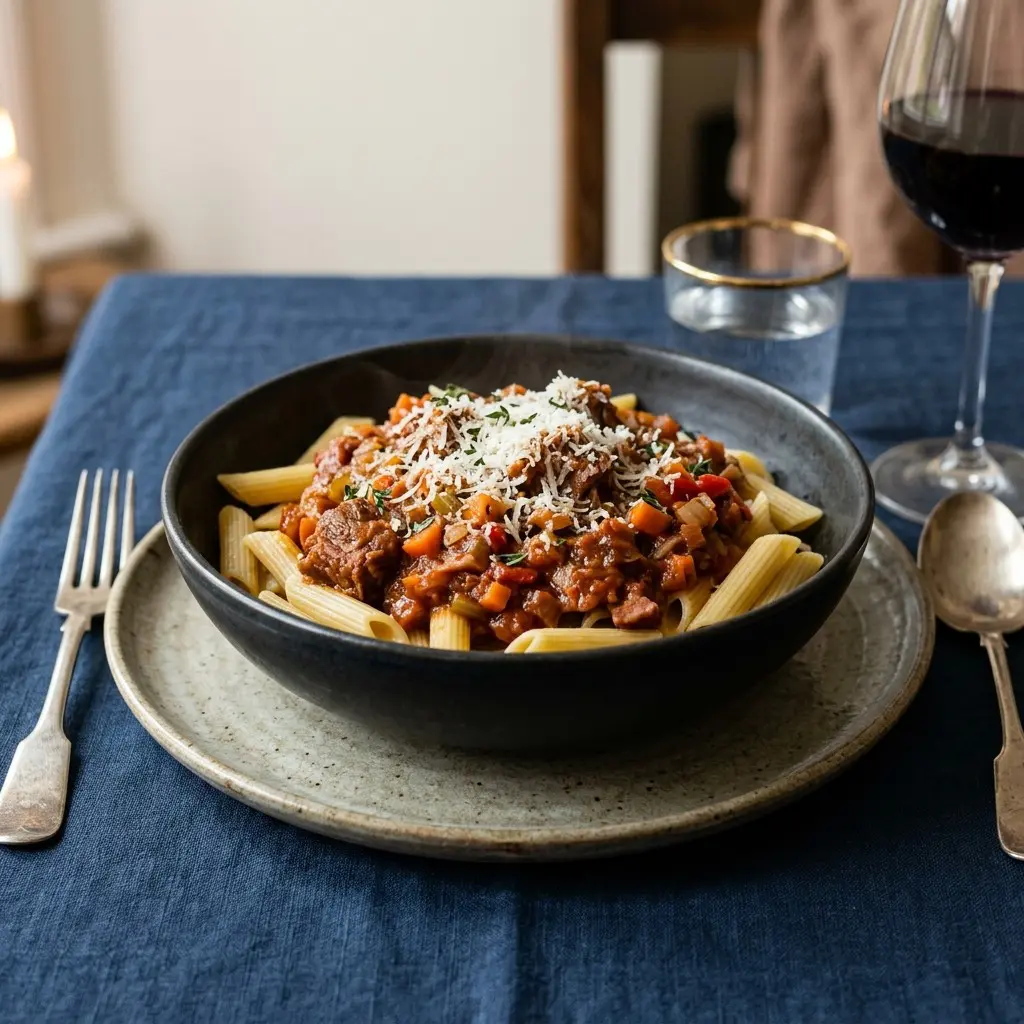 Stunning plated serving of Lamb Ragu over Penne Rigate, a chef-tested recipe by Chef Jorj Morgan.