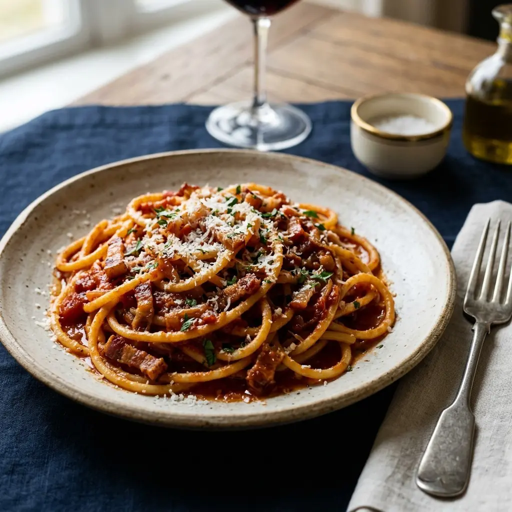 Stunning plated serving of Bucatini all’Amatriciana, a chef-tested recipe by Chef Jorj Morgan.