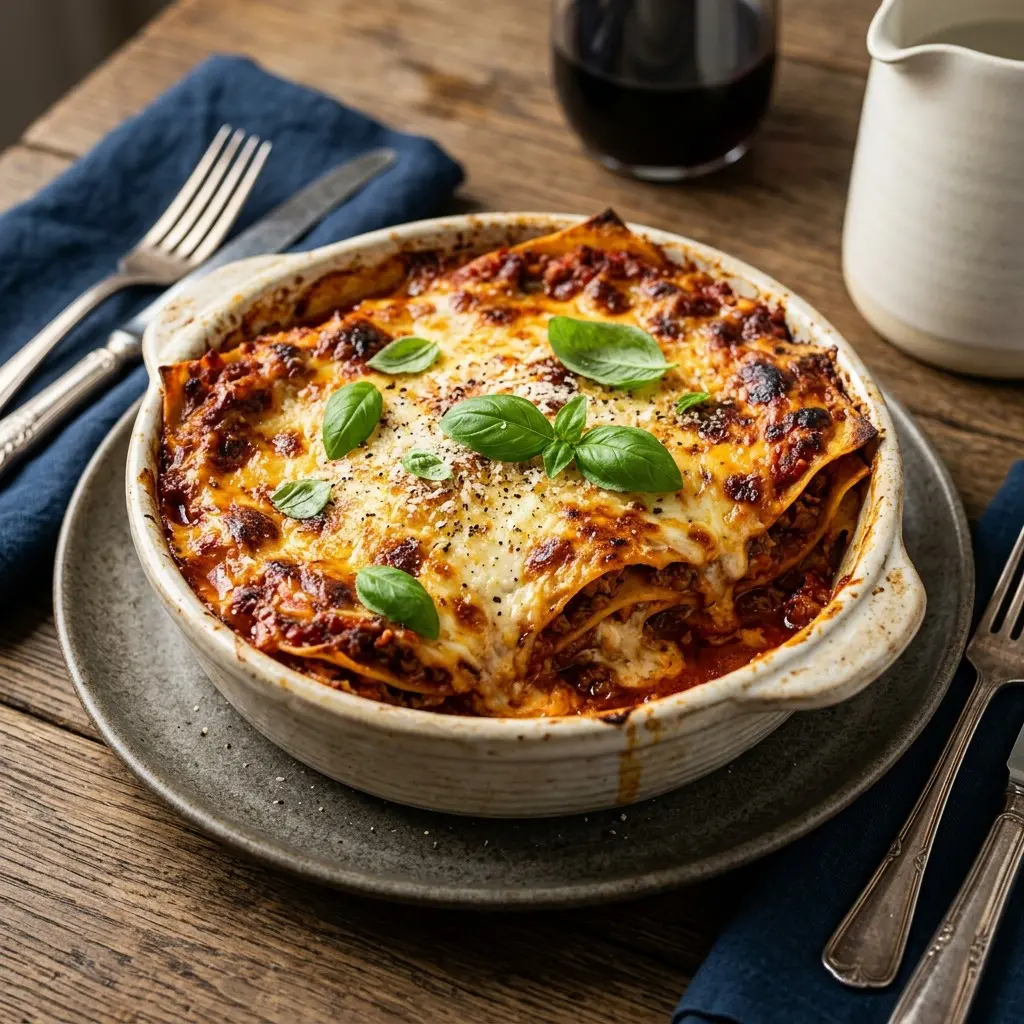 Stunning plated serving of Lasagna Bolognese, a chef-tested recipe by Chef Jorj Morgan.