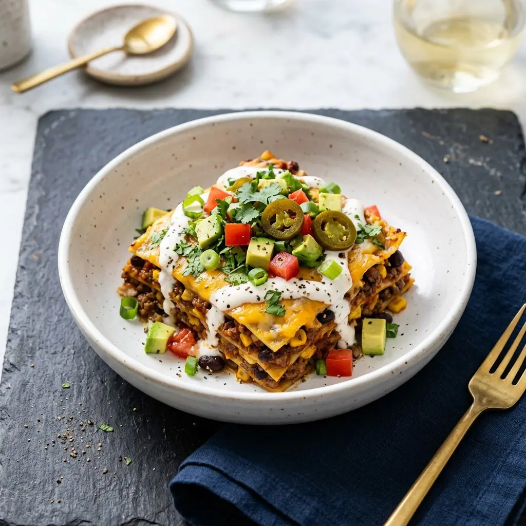 Stunning plated serving of Fiery Chili Lasagna, a chef-tested recipe by Chef Jorj Morgan.