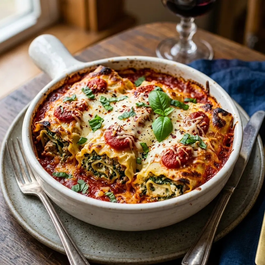 Stunning plated serving of Lasagna Roll-ups, a chef-tested recipe by Chef Jorj Morgan.