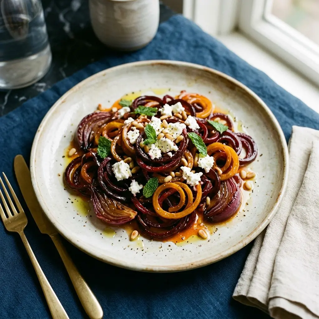 Stunning plated serving of Roasted Beet Noodles with Red Onion and Orange-Maple Glaze, a chef-tested recipe by Chef Jorj Morgan.