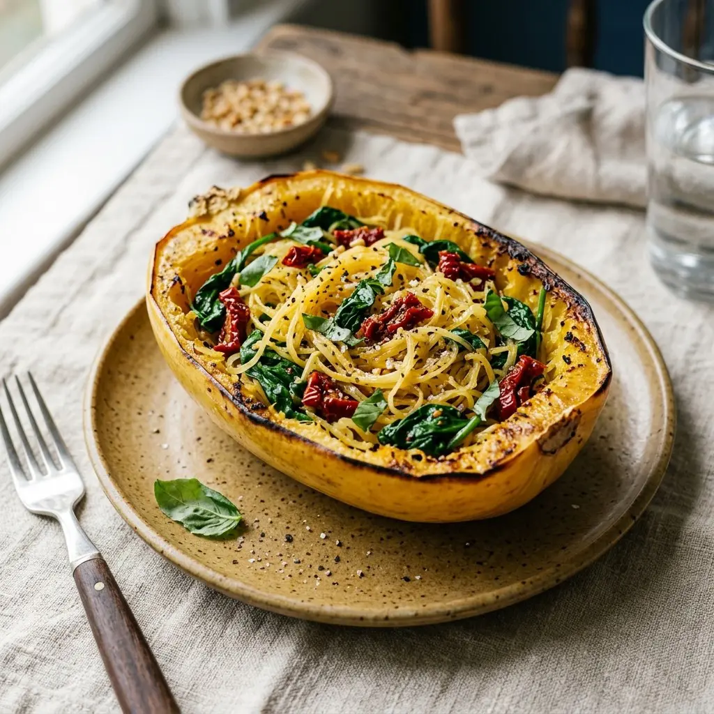 Stunning plated serving of Honey Roasted Spaghetti Squash with Spinach and Sun-dried Tomatoes, a chef-tested recipe by Chef Jorj Morgan.