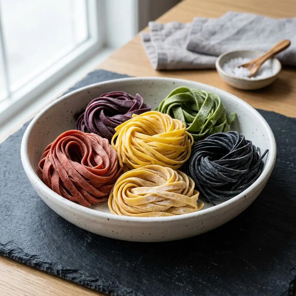 Stunning plated serving of A Rainbow of Fresh Pasta, a chef-tested recipe by Chef Jorj Morgan.