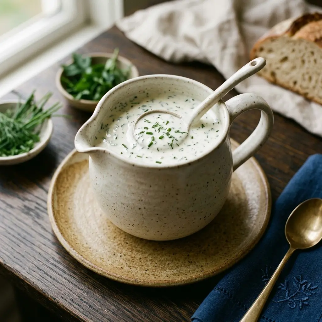 Stunning plated serving of Homemade Ranch Dressing, a chef-tested recipe by Chef Jorj Morgan.