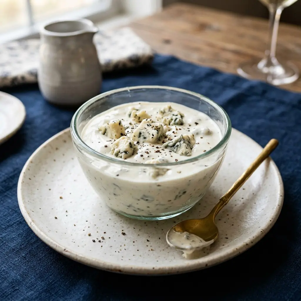 Stunning plated serving of Chunky Blue Cheese Dressing, a chef-tested recipe by Chef Jorj Morgan.