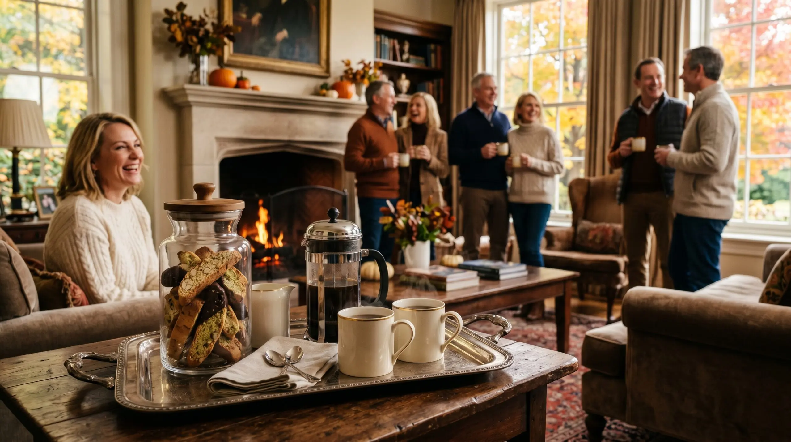 Elegant indoor estate living room during an early-autumn afternoon gathering with couples laughing, a silver tray holding a glass jar of biscotti and coffee in the foreground