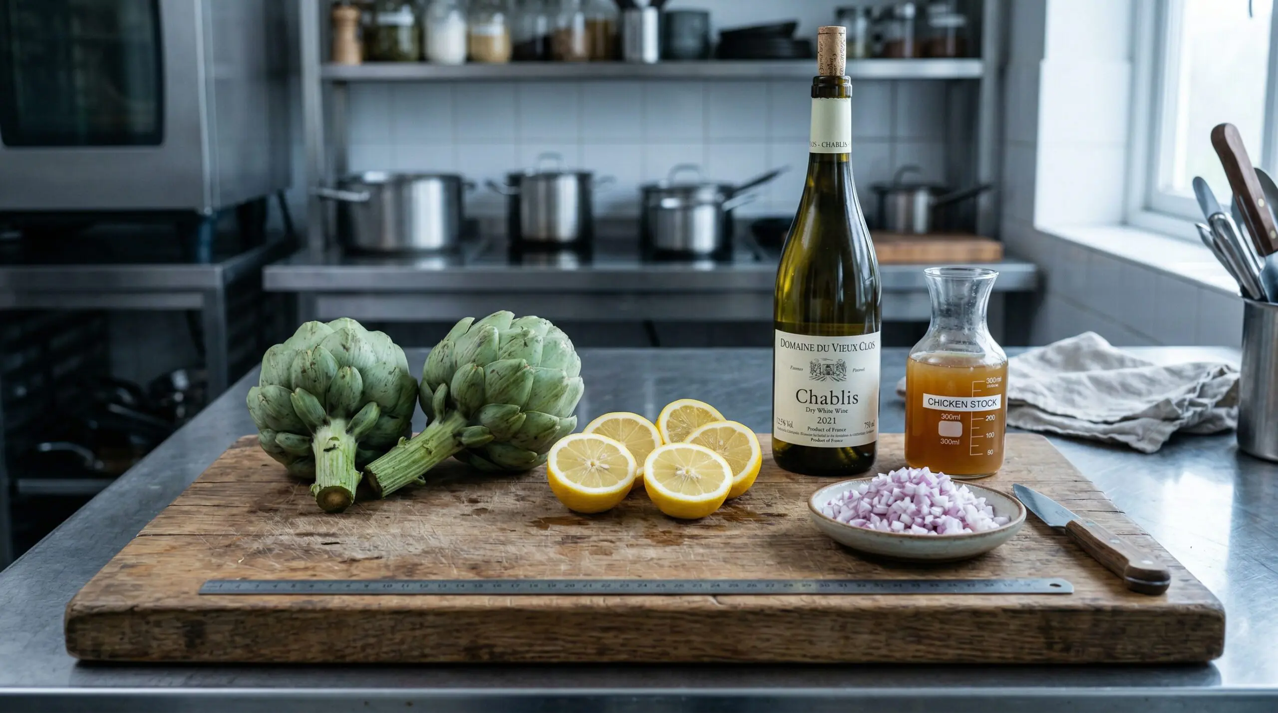 Whole globe artichokes, lemons, shallots, and white wine arranged on a wooden prep board