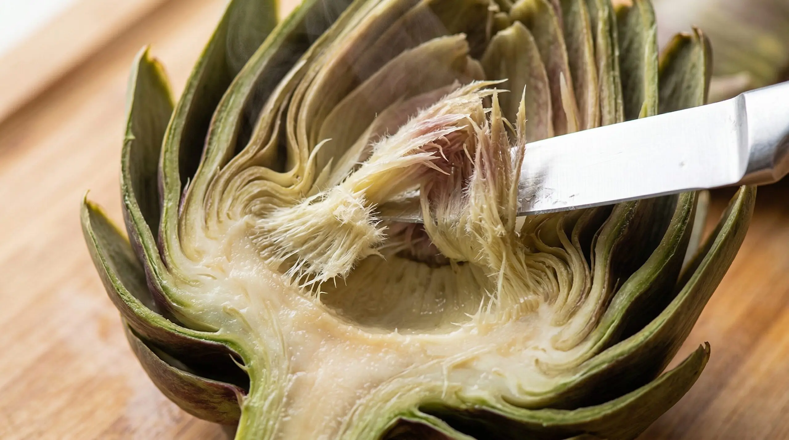 Paring knife carefully removing the thorny choke from a steamed artichoke heart