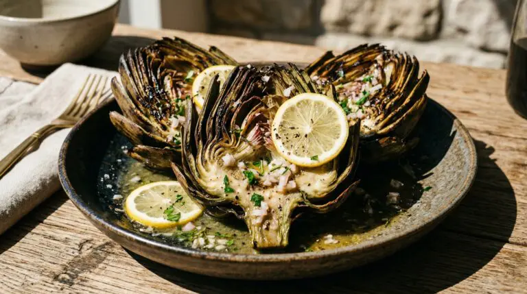 Stunning plated serving of Artichokes in White Wine Sauce, a chef-tested recipe by Chef Jorj Morgan.