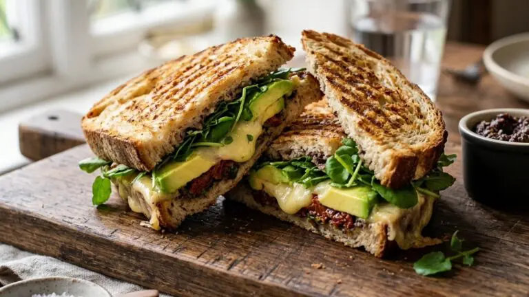 Stunning plated serving of Avocado and Gruyere Panini with Olive Tapenade, a chef-tested recipe by Chef Jorj Morgan.