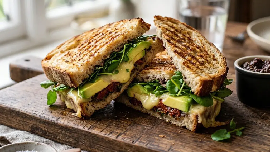 Stunning plated serving of Avocado and Gruyere Panini with Olive Tapenade, a chef-tested recipe by Chef Jorj Morgan.