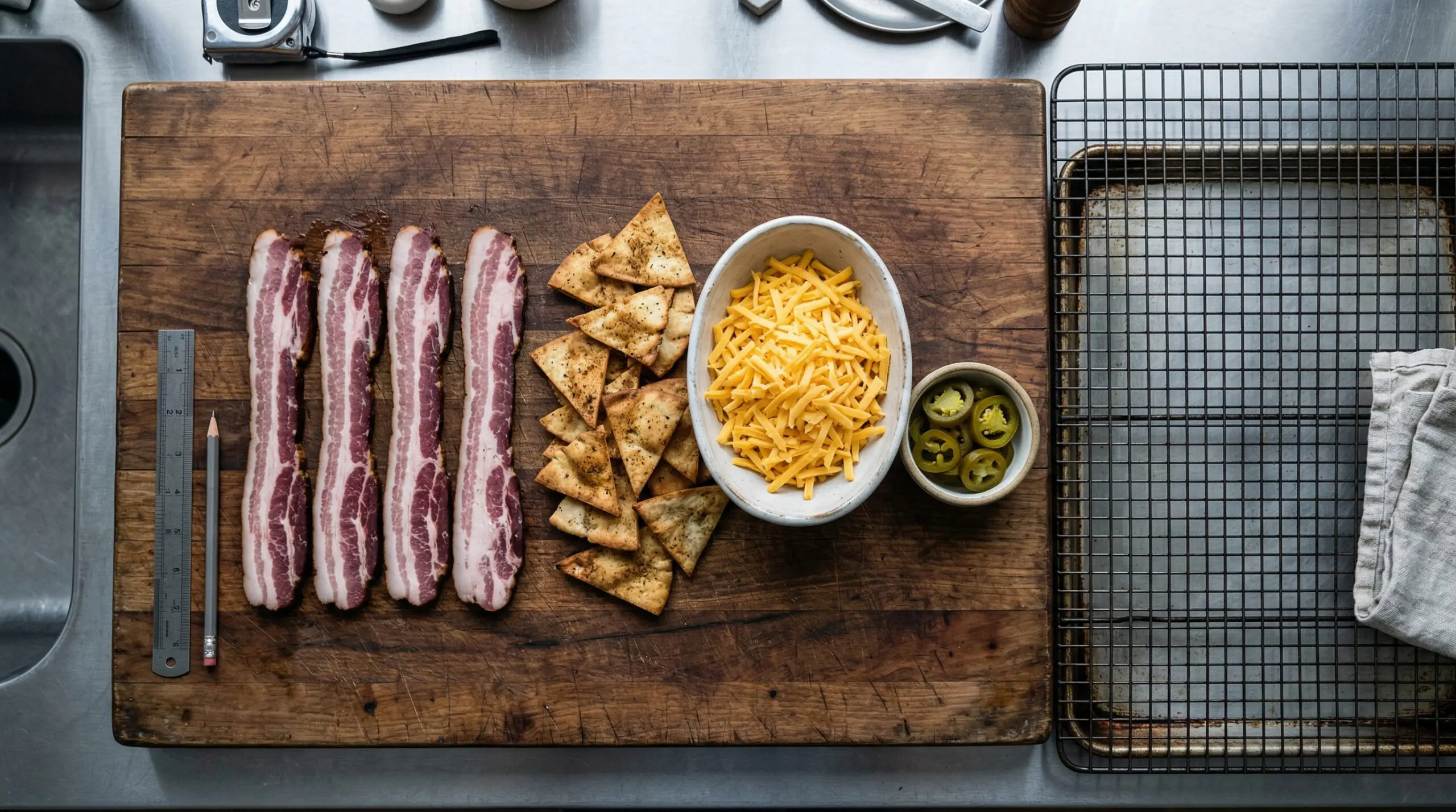 Thick-cut strips of raw bacon laying flat next to a pile of golden pita chips, freshly shredded sharp cheddar cheese, and bright green pickled jalapeu00f1os