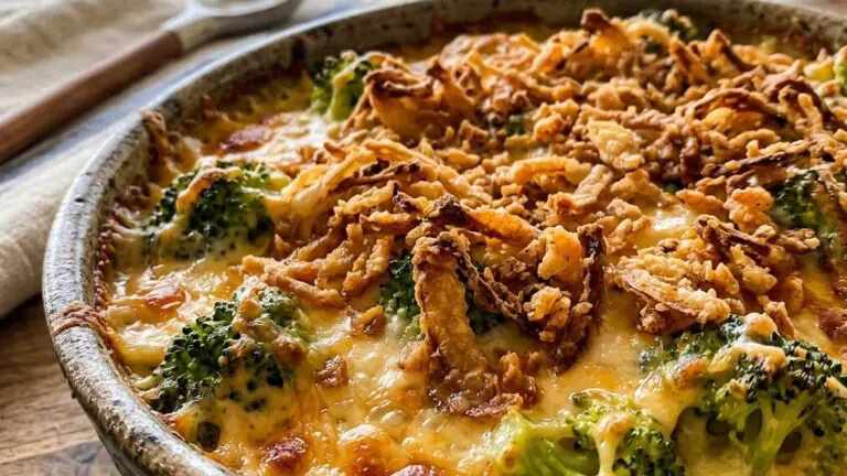Stunning plated serving of Baked Broccoli Cheese Casserole, a chef-tested recipe by Chef Jorj Morgan.