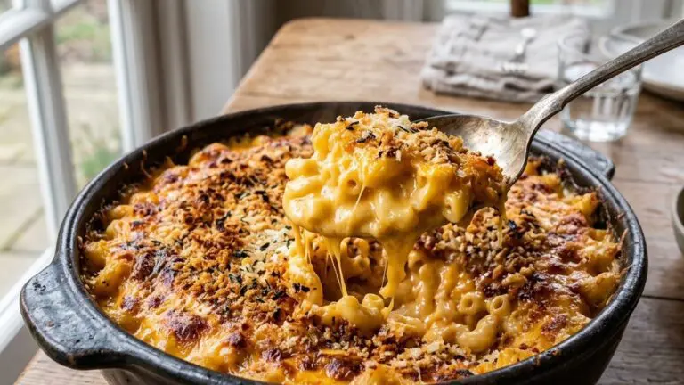 Stunning plated serving of Baked Mac and Cheese, a chef-tested recipe by Chef Jorj Morgan.
