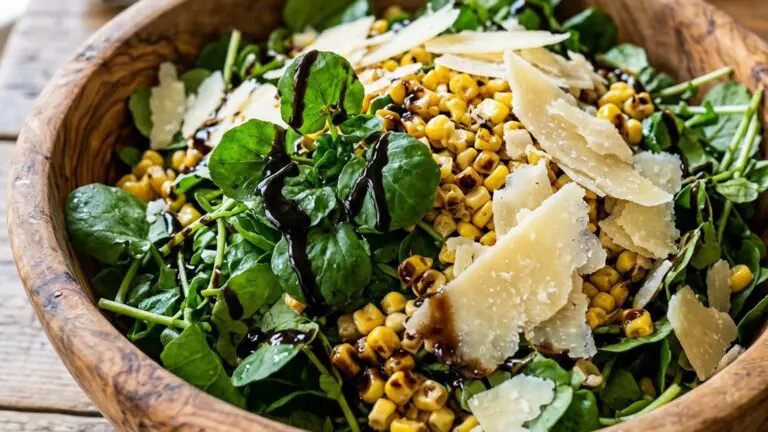 Stunning plated serving of Balsamic Corn & Watercress Salad, a chef-tested recipe by Chef Jorj Morgan.