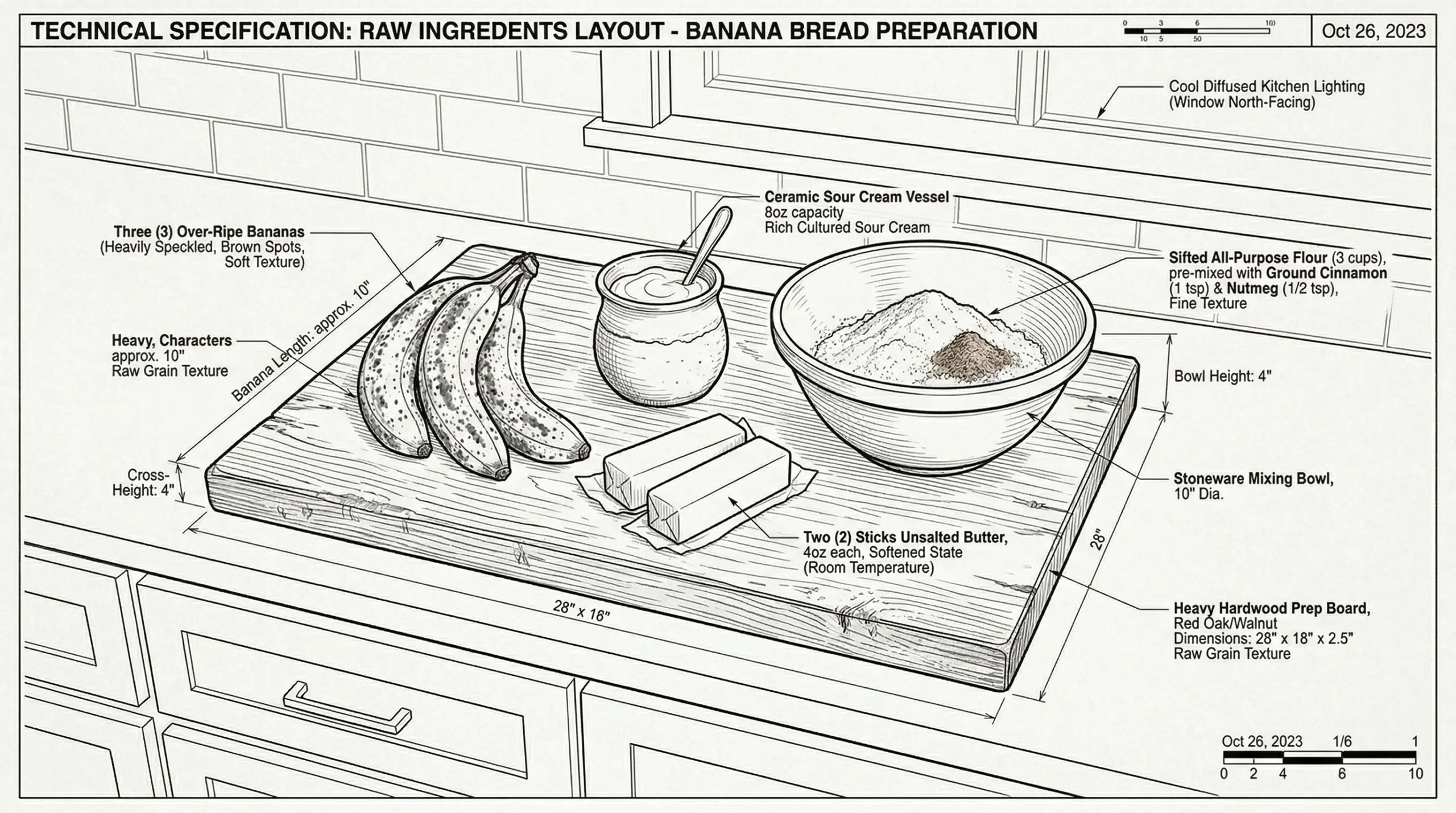 Over-ripe bananas, sour cream, and spiced flour arranged on a wooden board