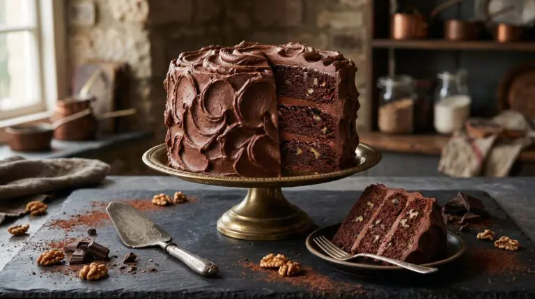 Stunning plated serving of Classic Black Walnut Chocolate Cake, a chef-tested recipe by Chef Jorj Morgan.