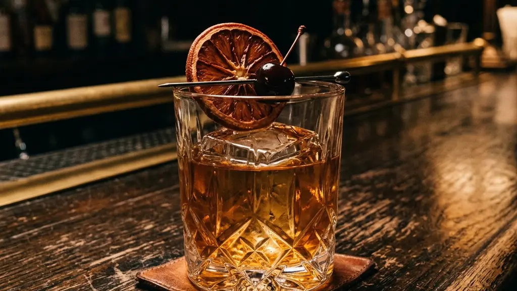 Stunning plated serving of Blood Orange & Sage Old Fashioned, a chef-tested recipe by Chef Jorj Morgan.