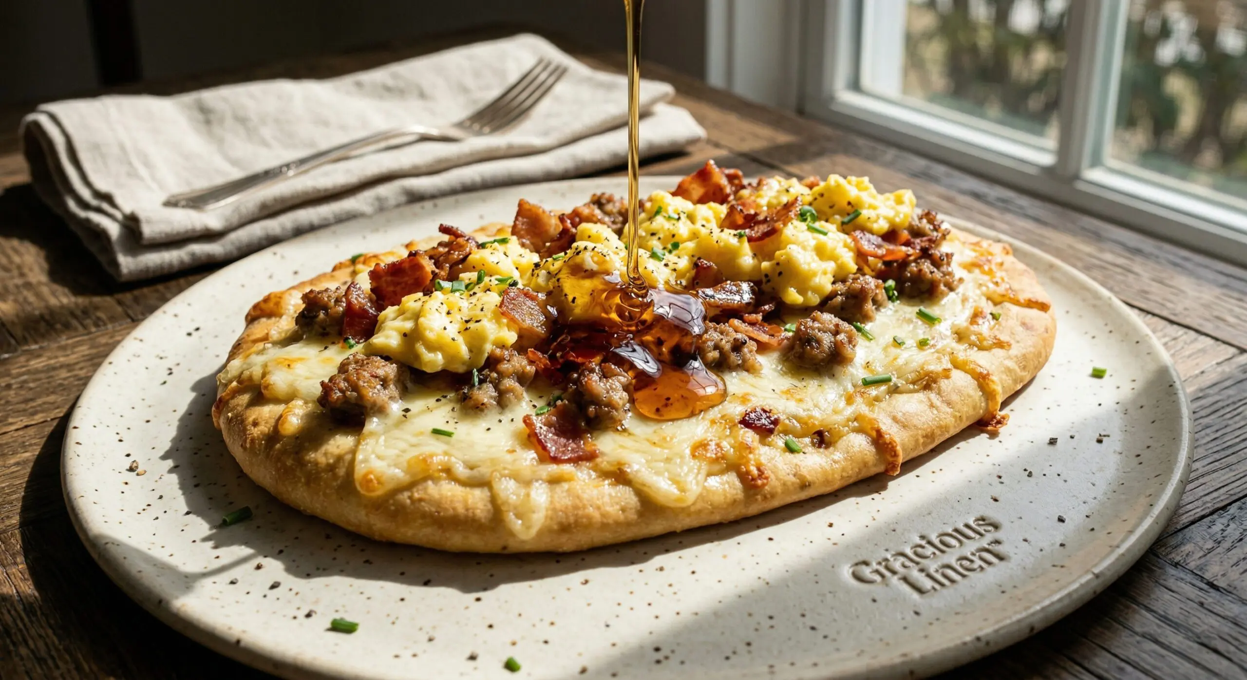 Stunning plated serving of Breakfast Flatbreads, a chef-tested recipe by Chef Jorj Morgan.