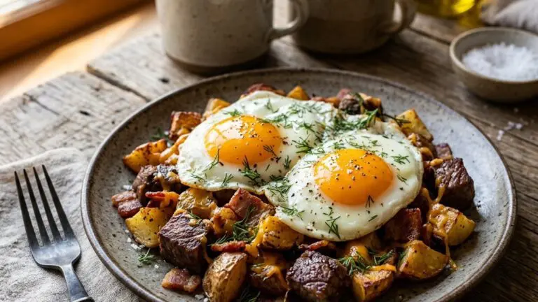 Stunning plated serving of Breakfast Skillet with Glazed Eggs, a chef-tested recipe by Chef Jorj Morgan.
