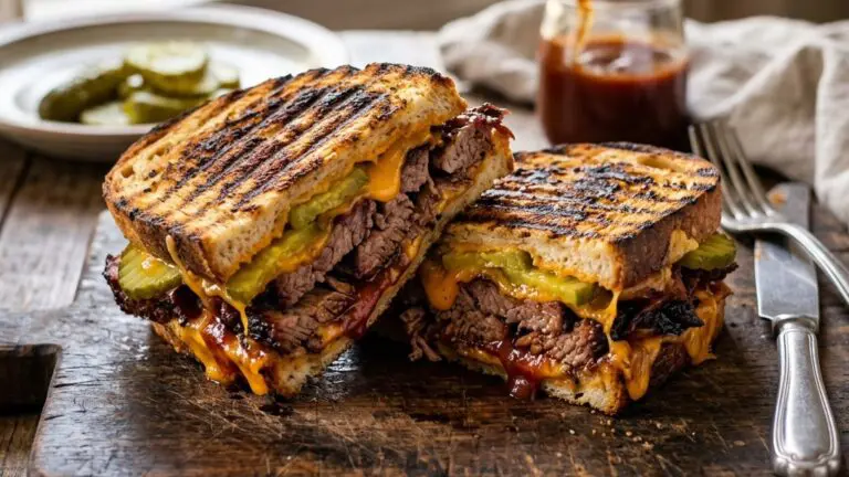 Stunning plated serving of Brisket Panini on Texas Toasts, a chef-tested recipe by Chef Jorj Morgan.