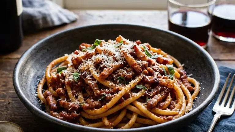 Stunning plated serving of Bucatini all’Amatriciana, a chef-tested recipe by Chef Jorj Morgan.