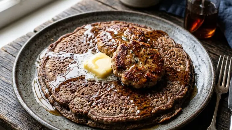 Stunning plated serving of Buckwheat Flapjacks with Sausage and Maple Syrup, a chef-tested recipe by Chef Jorj Morgan.