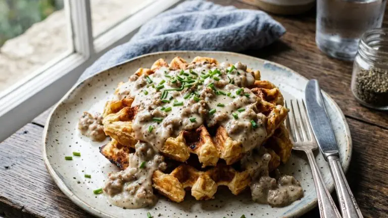 Stunning plated serving of Buttermilk Biscuit Waffles with Sausage Gravy, a chef-tested recipe by Chef Jorj Morgan.