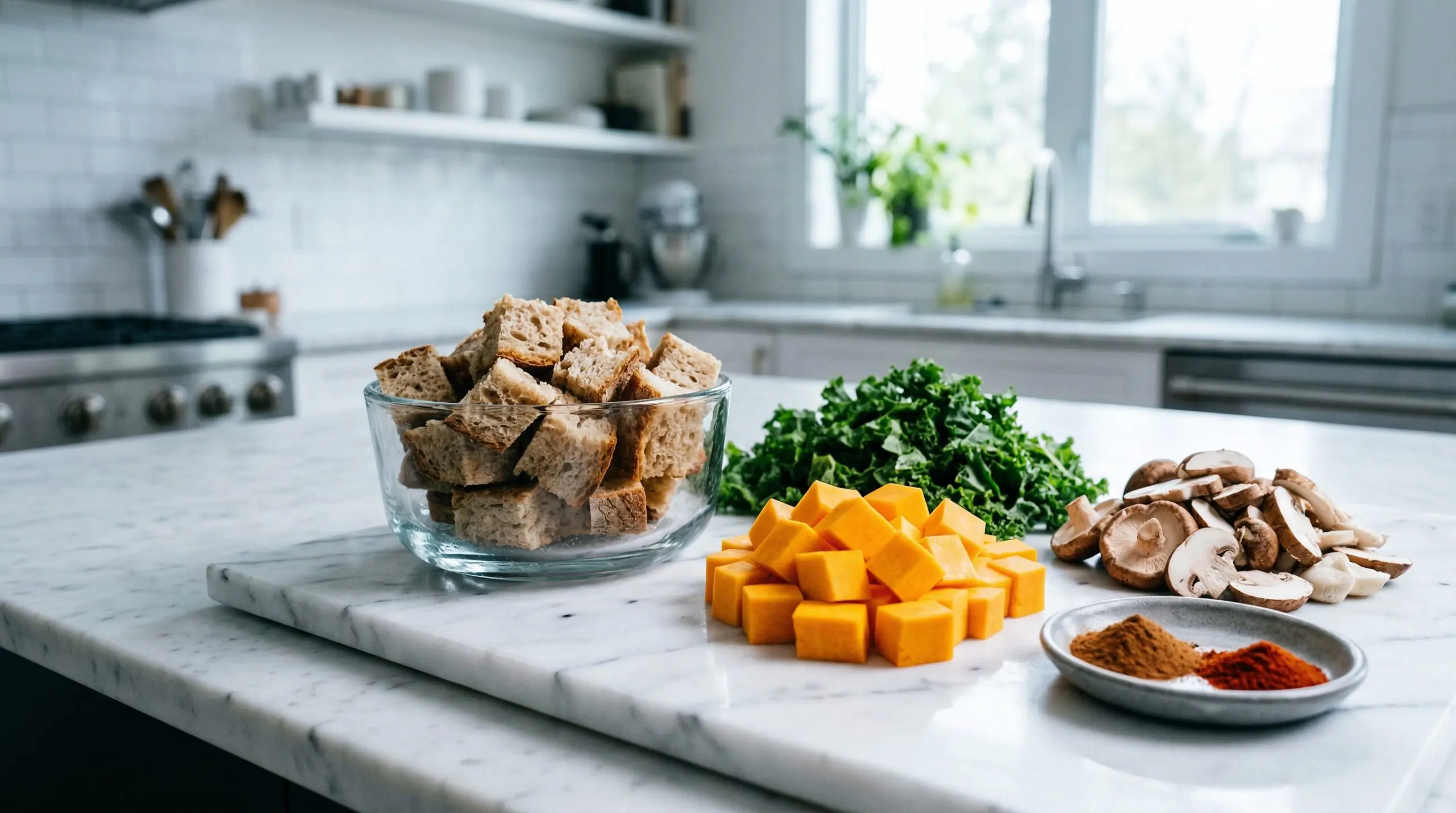 Thick cubes of day-old bread resting next to peeled, vibrant orange butternut squash cubes, freshly chopped green kale, and sliced wild mushrooms on a pristine marble counter