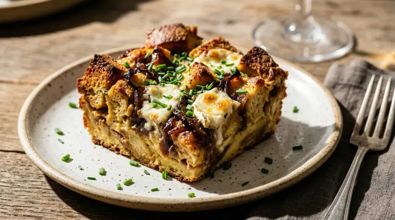 Stunning plated serving of Caramelized Onion & Goat Cheese Bread Pudding, a chef-tested recipe by Chef Jorj Morgan.