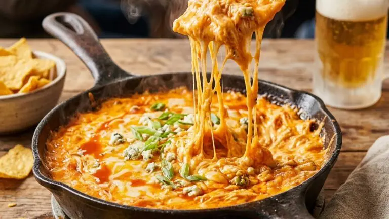 Stunning plated serving of Cast-Iron Buffalo Chicken Dip, a chef-tested recipe by Chef Jorj Morgan.