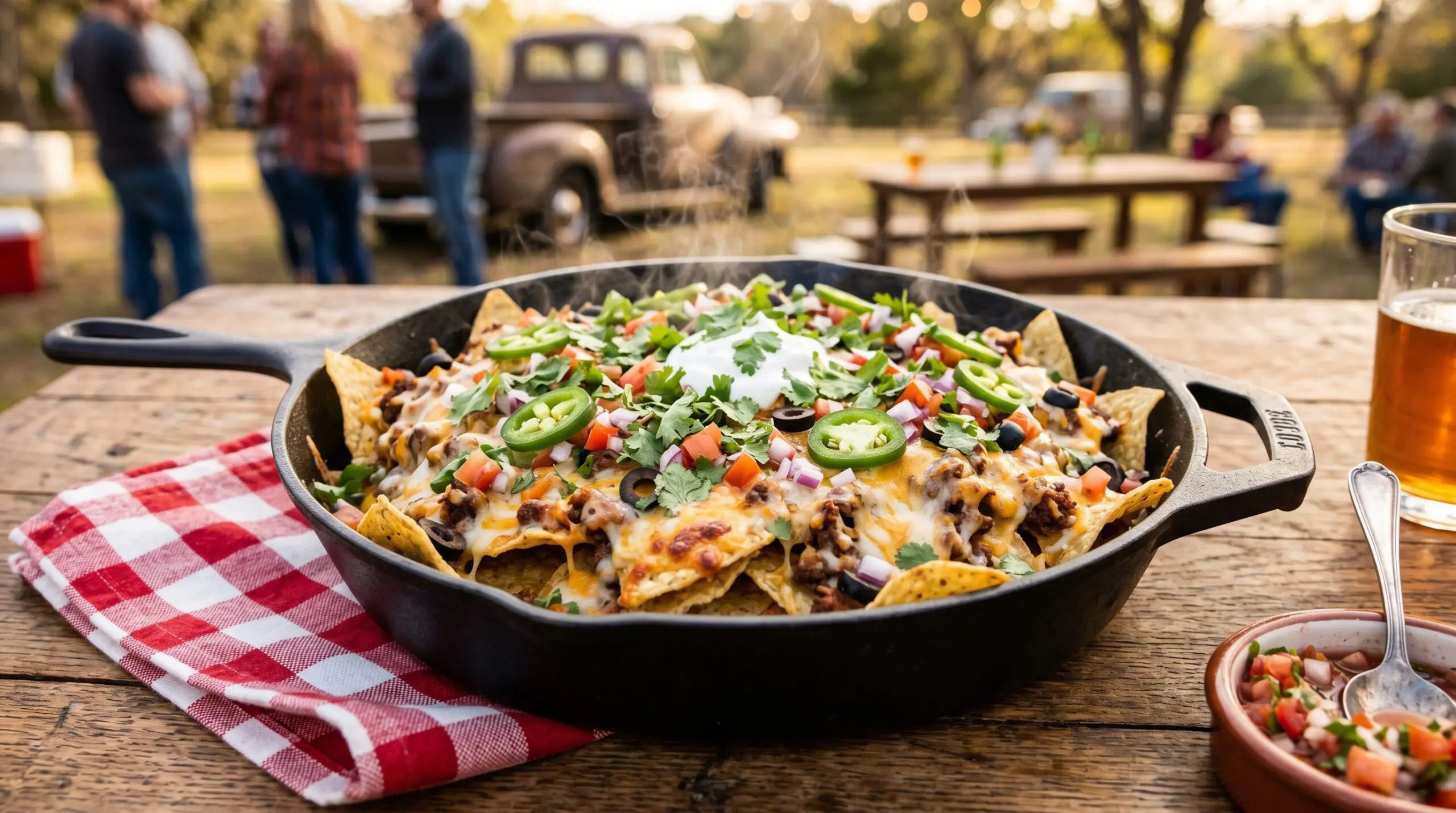 Stunning plated serving of Cast Iron Skillet Nachos, a chef-tested recipe by Chef Jorj Morgan.