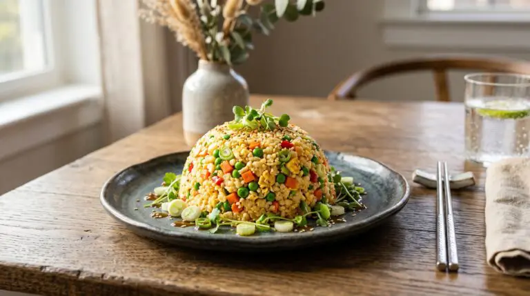 Stunning plated serving of Cauliflower Fried Rice, a chef-tested recipe by Chef Jorj Morgan.