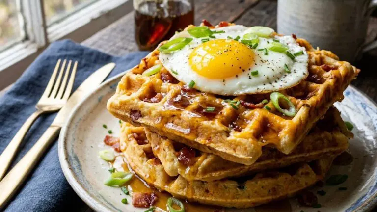 Stunning plated serving of Cheddar, Bacon, and Green Onion Waffles with Jalapeño-Maple Syrup and Glazed Eggs, a chef-tested recipe by Chef Jorj Morgan.