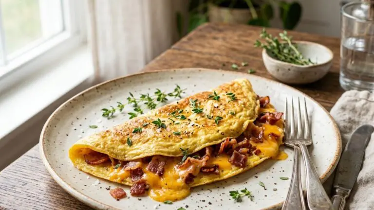Stunning plated serving of Cheddar-Bacon Omelet, a chef-tested recipe by Chef Jorj Morgan.