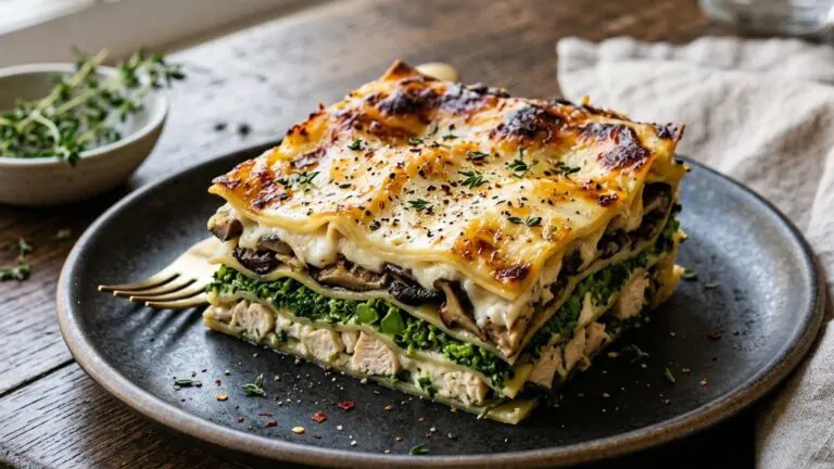 Stunning plated serving of Chicken Lasagna with Broccoli Rabe and Sautéed Mushrooms, a chef-tested recipe by Chef Jorj Morgan.