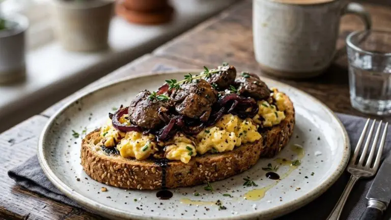 Stunning plated serving of Chicken Liver Toasts with Caramelized Onions and Scrambled Eggs, a chef-tested recipe by Chef Jorj Morgan.
