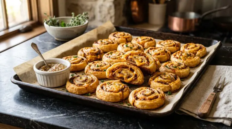 Stunning plated serving of Chili Cheese Puff Pastry Pinwheels, a chef-tested recipe by Chef Jorj Morgan.