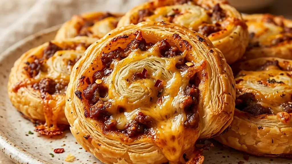 Stunning plated serving of Chili Cheese Puff Pastry Pinwheels, a chef-tested recipe by Chef Jorj Morgan.