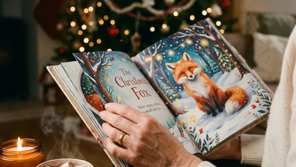A tight, emotional, high-end lifestyle shot of an elegant mother's hands gently holding open a beautifully illustrated children's book featuring a fox.